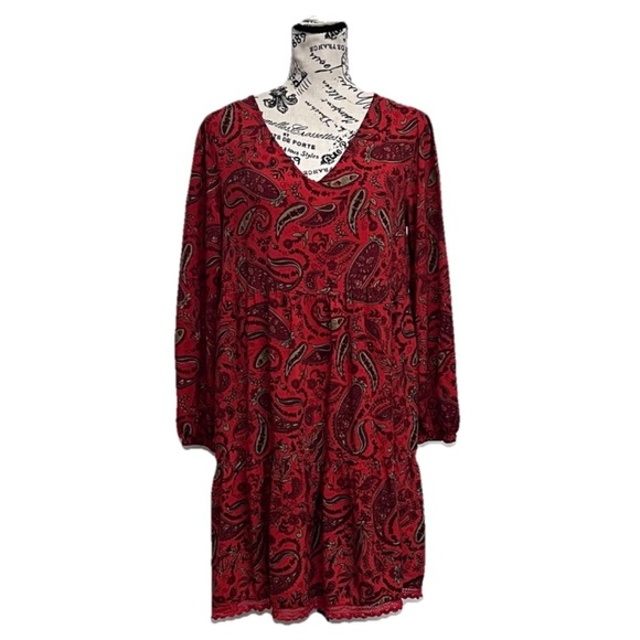Harlow & Rose Paisley Red Mini Teired Dress Boho Hippie Peasent Fairy M Vampy - Picture 1 of 9